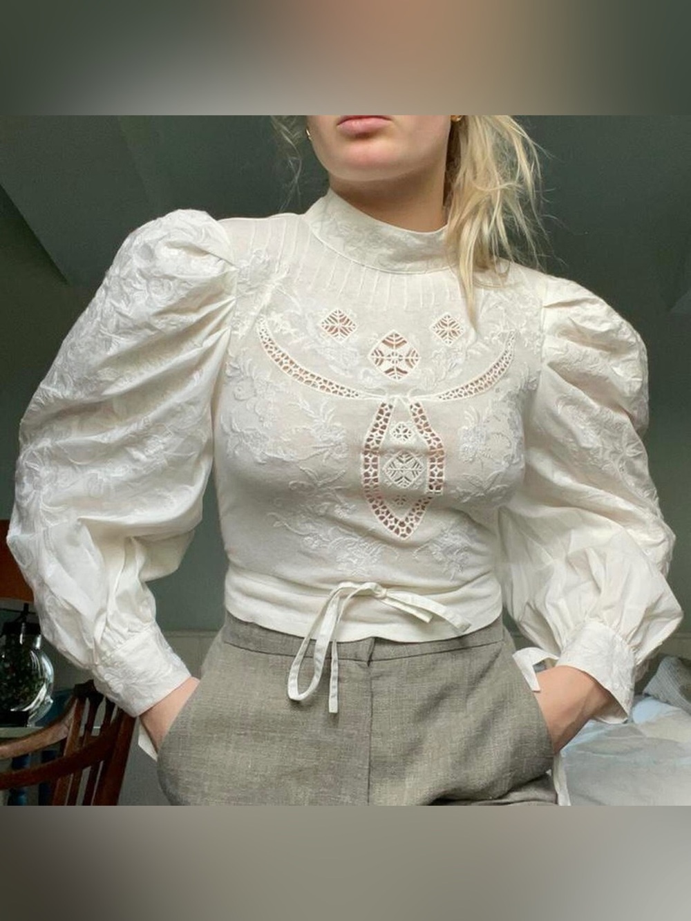 NWT Free People Ivory Lace High-Neck Puff Sleeve Top